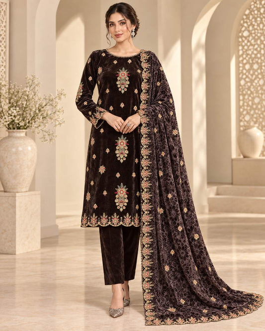 Espresso Chocolate Embroidered Velvet Suit – Front View