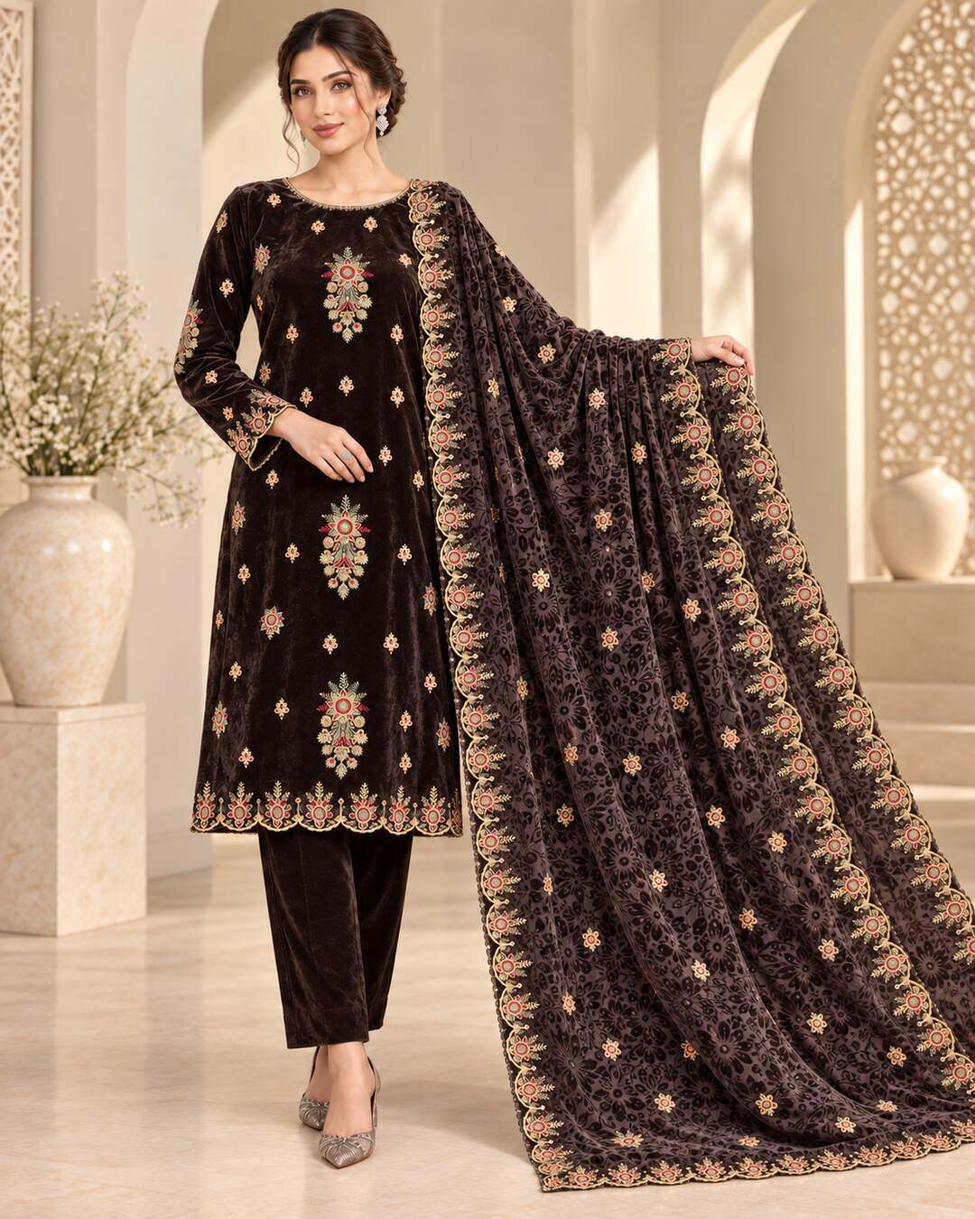 Espresso Chocolate Embroidered Velvet Suit – Dupatta View