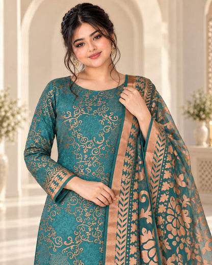 Peacock Teal China Pati fabric and dupatta close-up