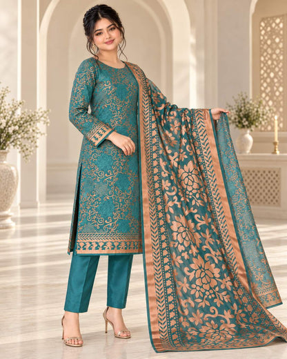 Peacock Teal China Pati suit three-quarter view
