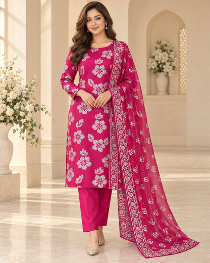 Fuchsia Pink Pure China Pati Silk Suit - front hero