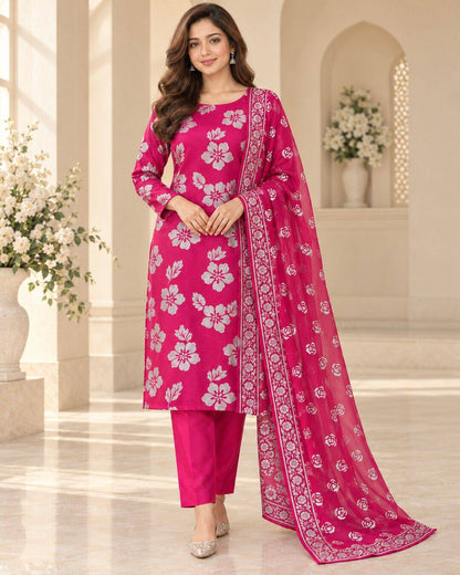 Fuchsia Pink Pure China Pati Silk Suit - three-quarter pose