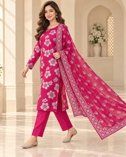 Fuchsia Pink Pure China Pati Silk Suit - walking pose
