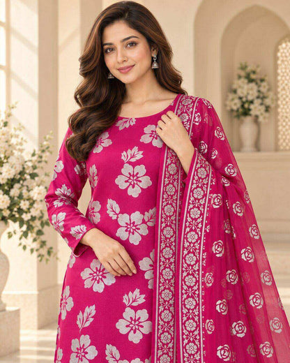Fuchsia Pink Pure China Pati Silk Suit - textile close-up