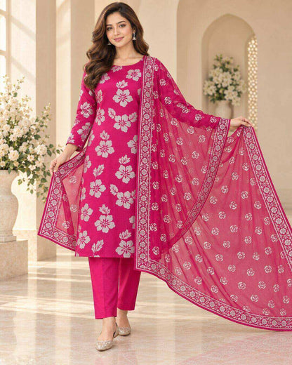 Fuchsia Pink Pure China Pati Silk Suit - dupatta detail