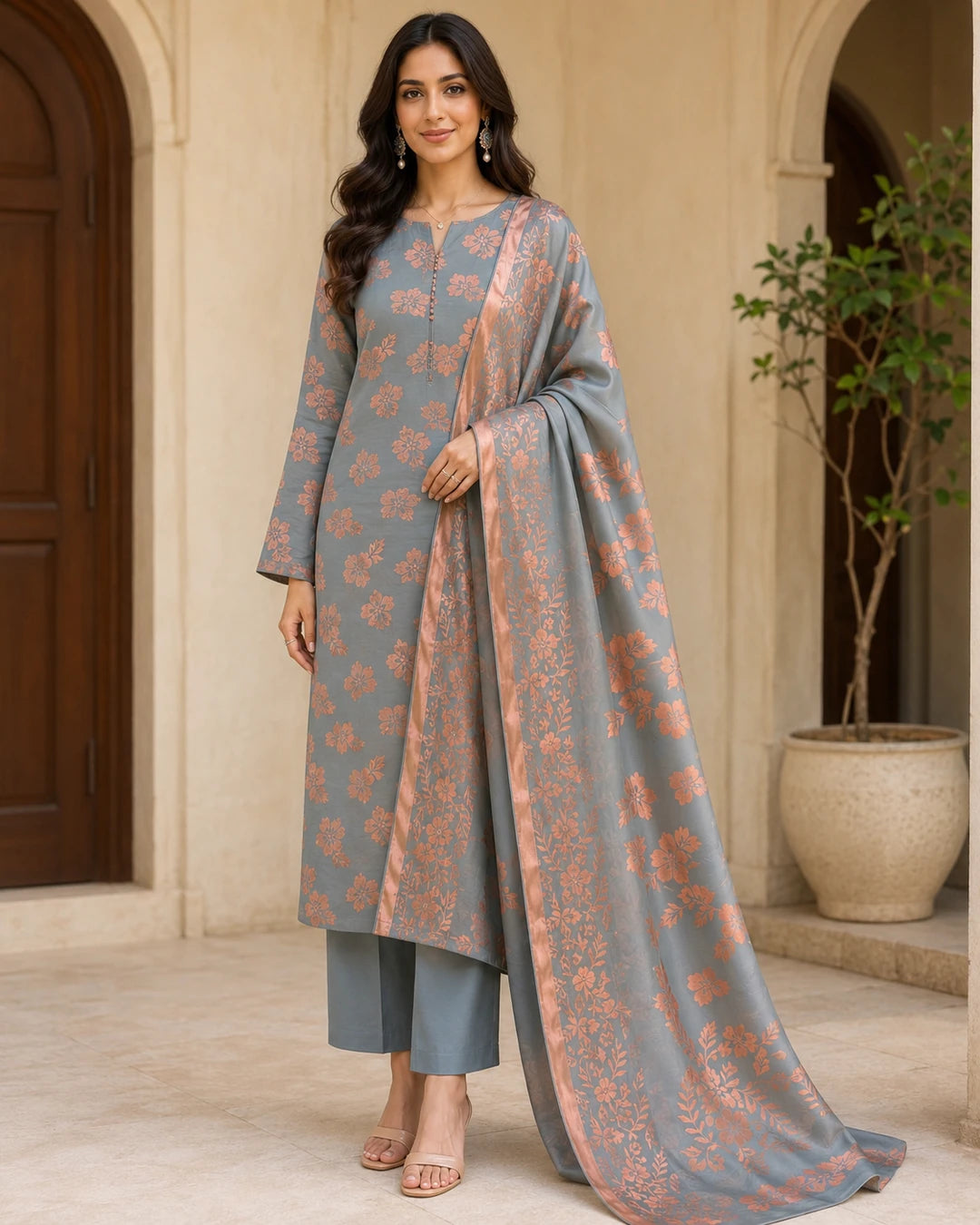 Gray Peach Pure China Pati Silk 3 Piece Unstitched Suit full model
