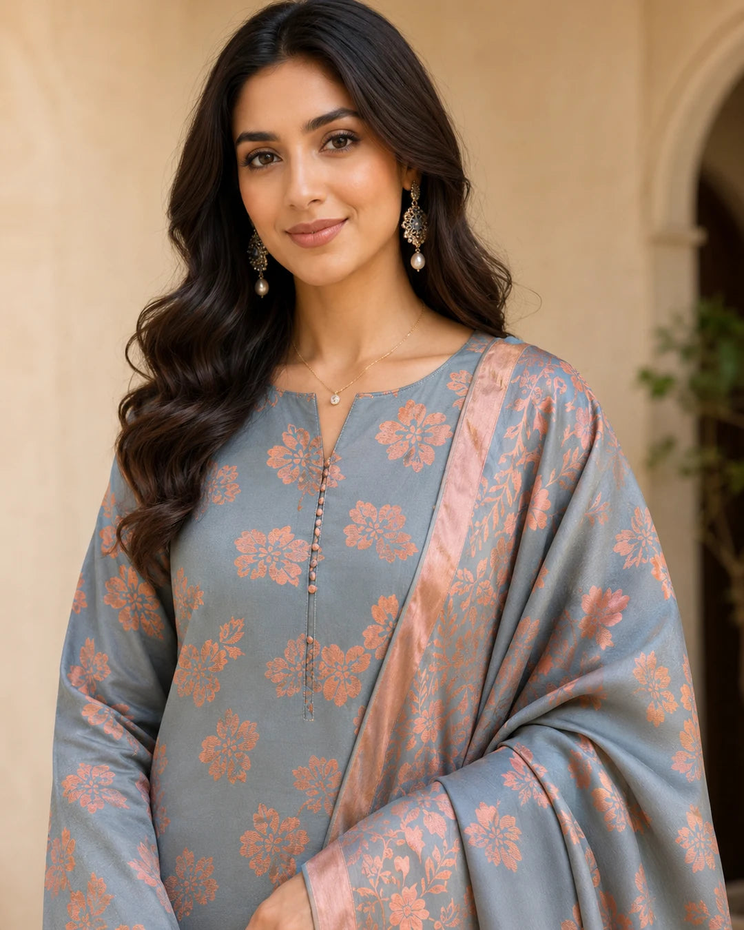 Gray Peach Pure China Pati Silk suit close-up portrait