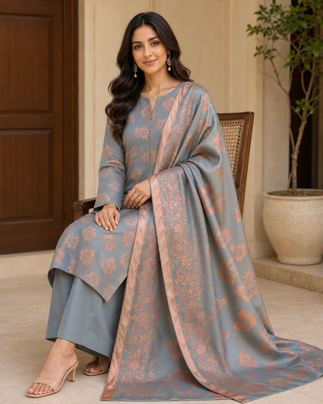 Gray Peach Pure China Pati Silk suit seated model