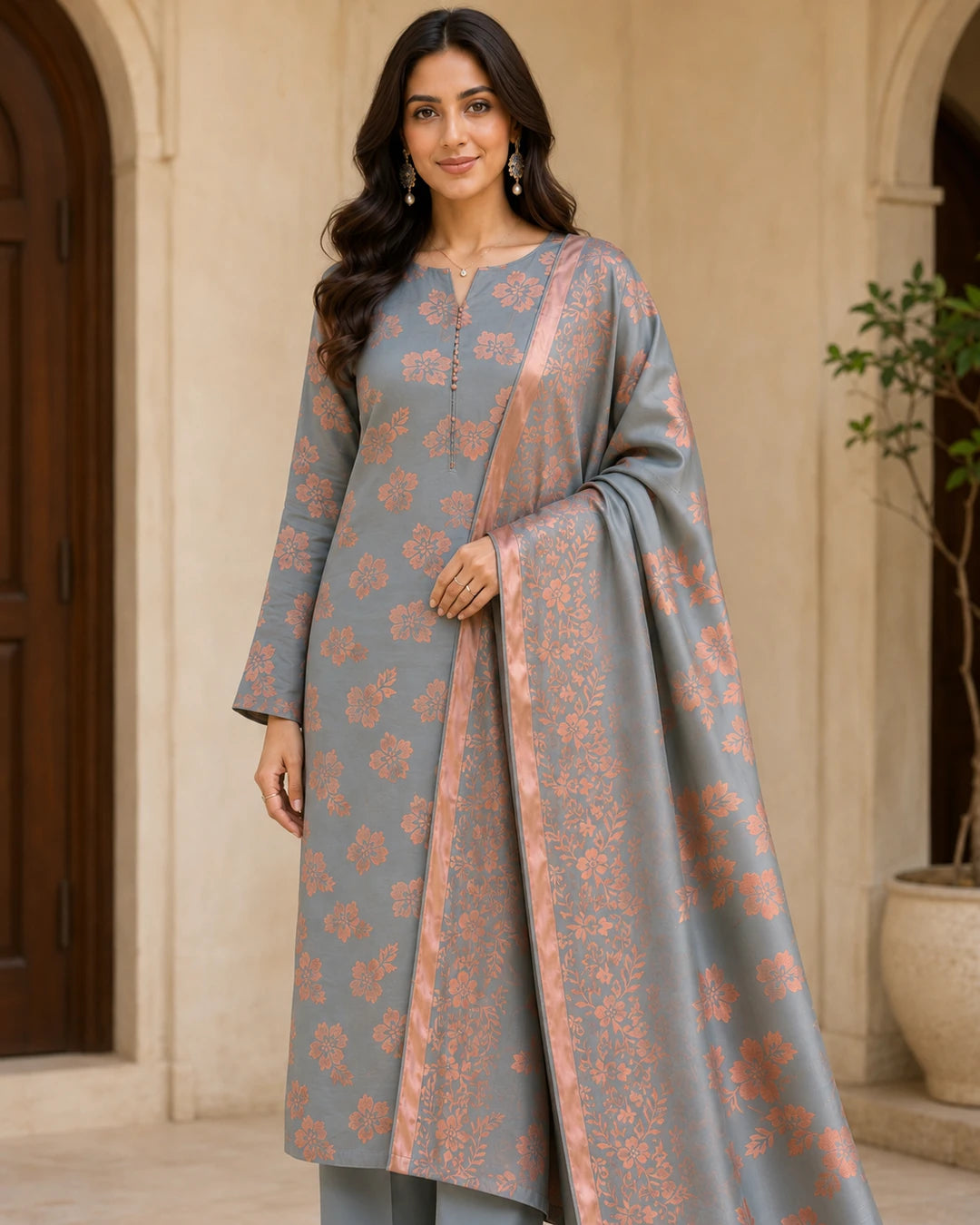 Gray Peach Pure China Pati Silk suit dupatta display