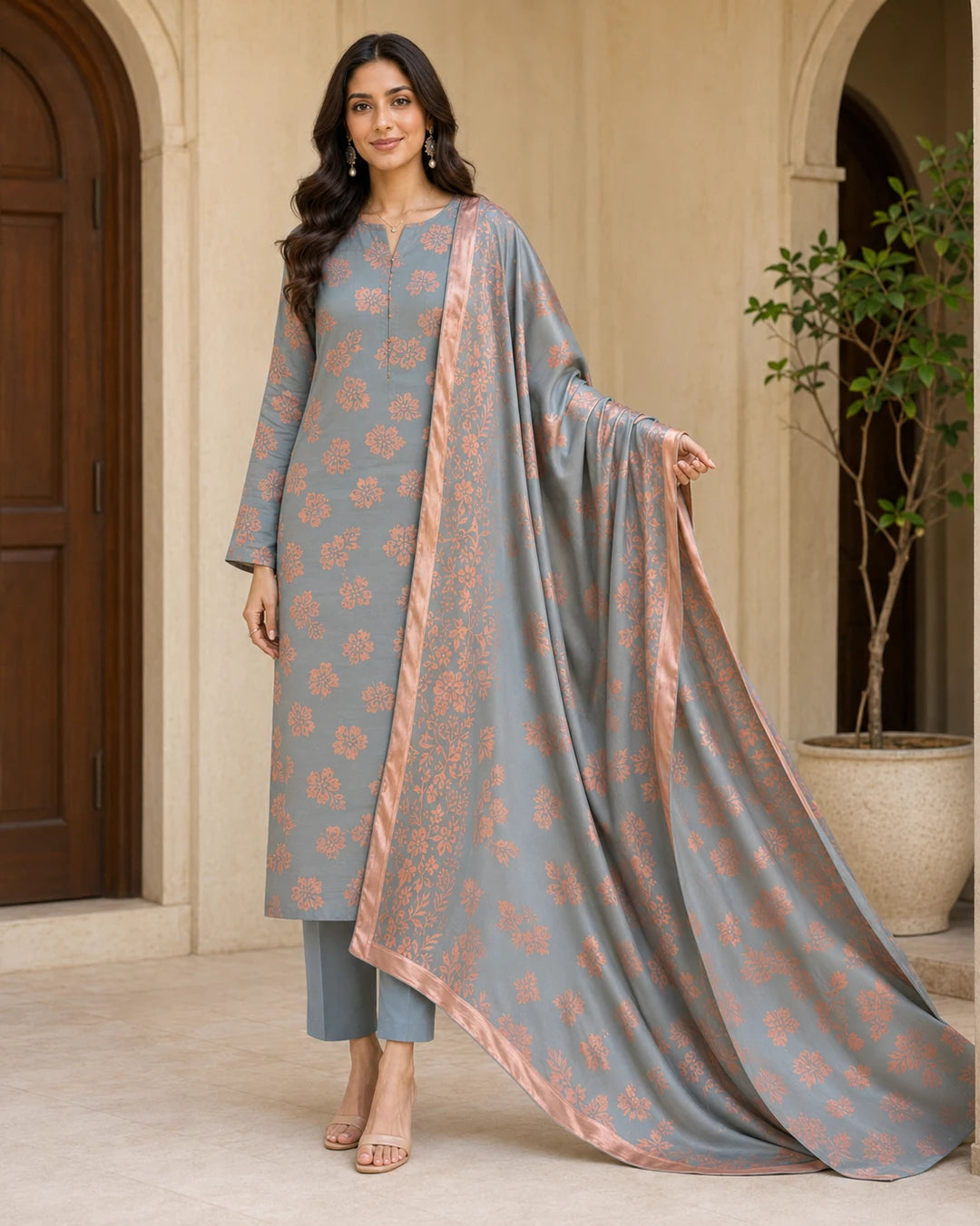 Gray Peach Pure China Pati Silk suit alternate full model