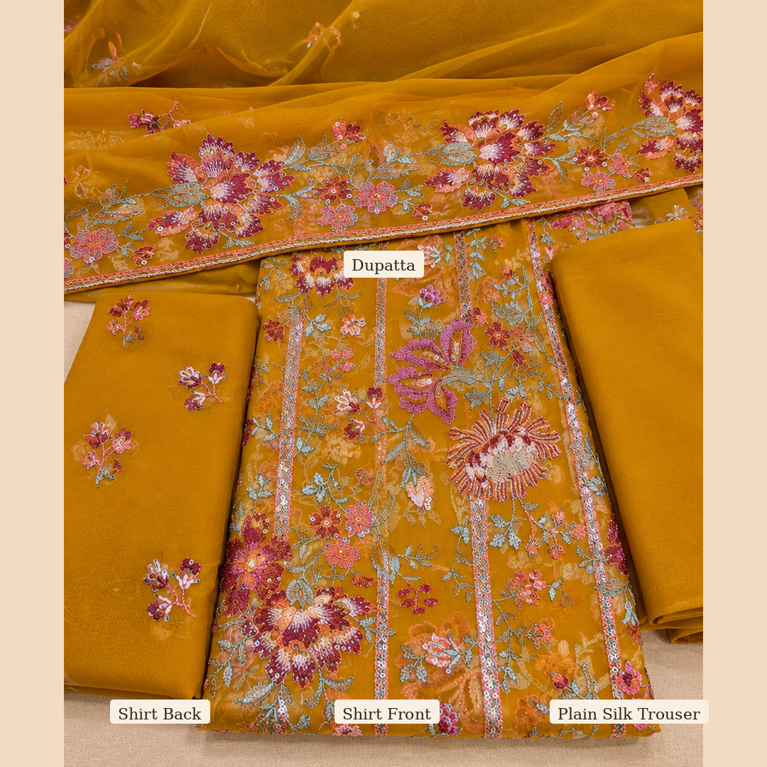 Mustard Gold Floral Embroidered Chiffon 3 Piece Unstitched Suit