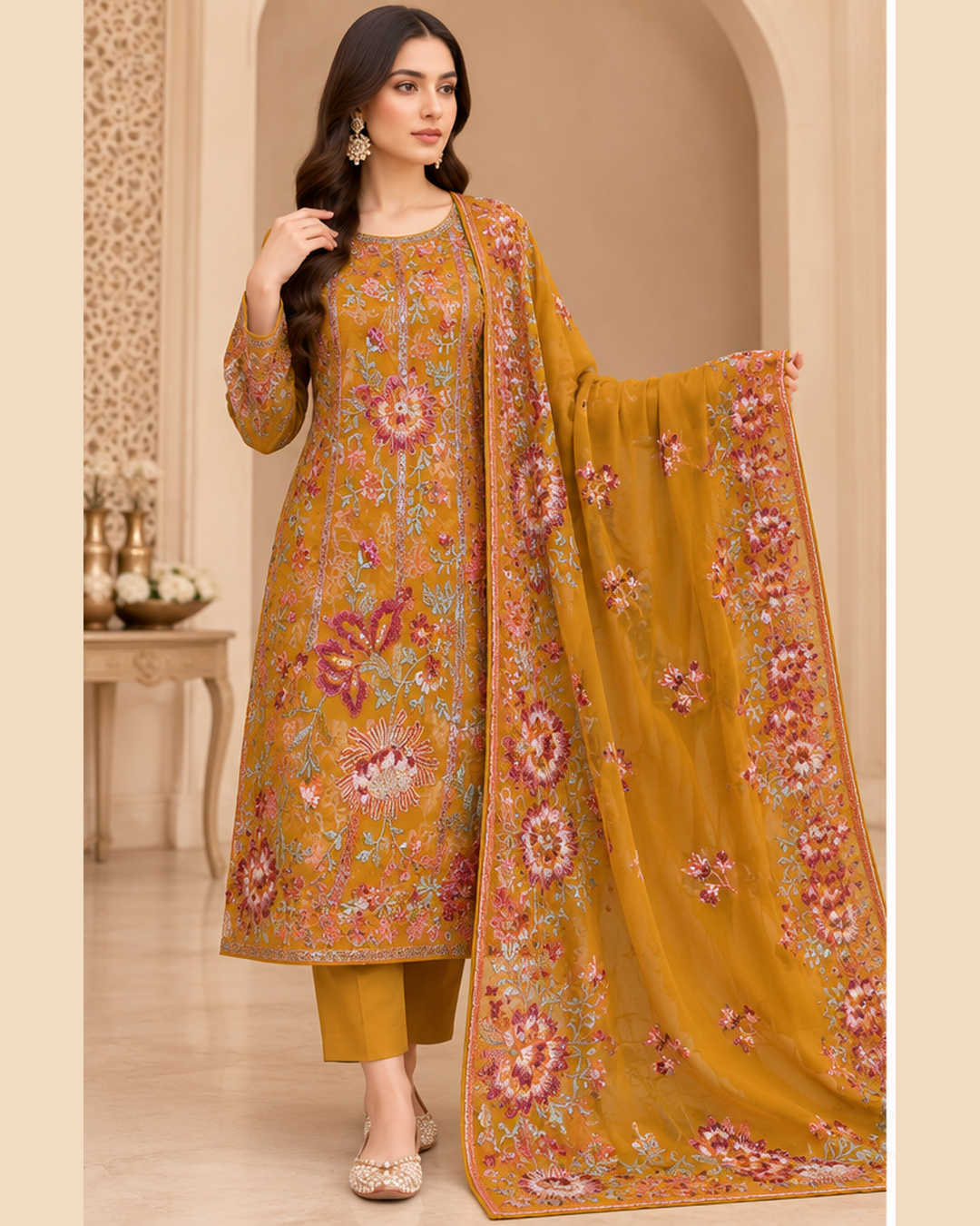 Mustard Gold Floral Embroidered Chiffon 3 Piece Unstitched Suit