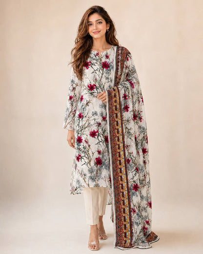 Ivory raspberry printed chiffon 3 piece suit front view