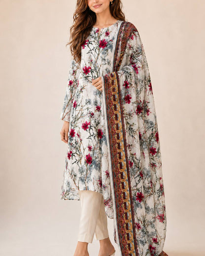 Ivory raspberry printed chiffon suit three quarter view