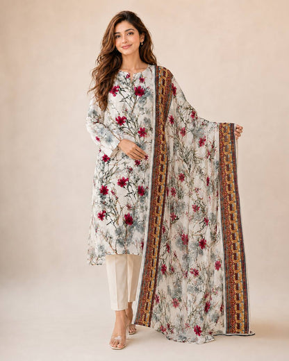 Ivory raspberry printed chiffon suit standing view
