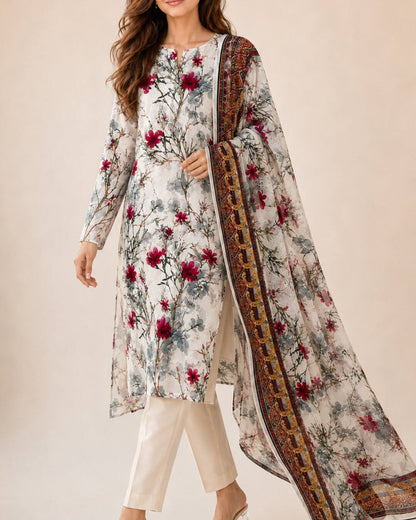 Ivory raspberry printed chiffon suit walking view