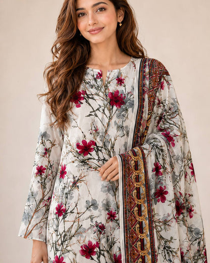 Ivory raspberry printed chiffon suit upper body detail