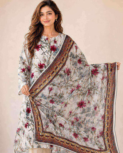 Ivory raspberry printed chiffon dupatta border detail