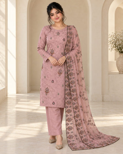 Mauve Pink Ambose Silk 3-Piece Unstitched Suit front view