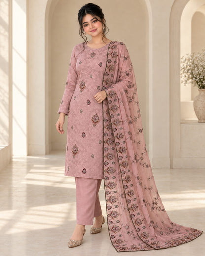 Mauve Pink Ambose Silk 3-Piece Unstitched Suit three-quarter view