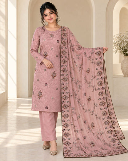 Mauve Pink Ambose Silk suit embroidered chiffon dupatta display