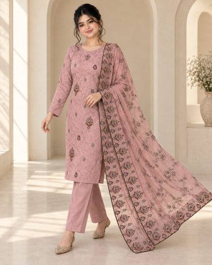 Mauve Pink Ambose Silk suit walking pose