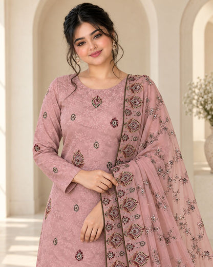Mauve Pink Ambose Silk suit embroidery and fabric detail