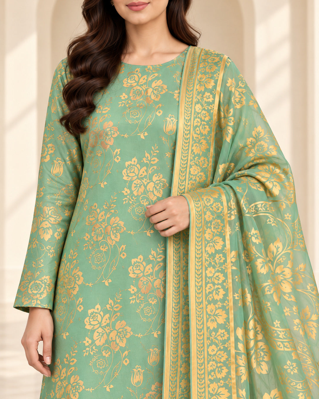 Close-up of mint green China Patti silk and gold Barosha dupatta border