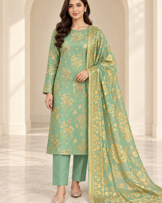 Mint green and gold China Patti silk 3 piece unstitched suit front view