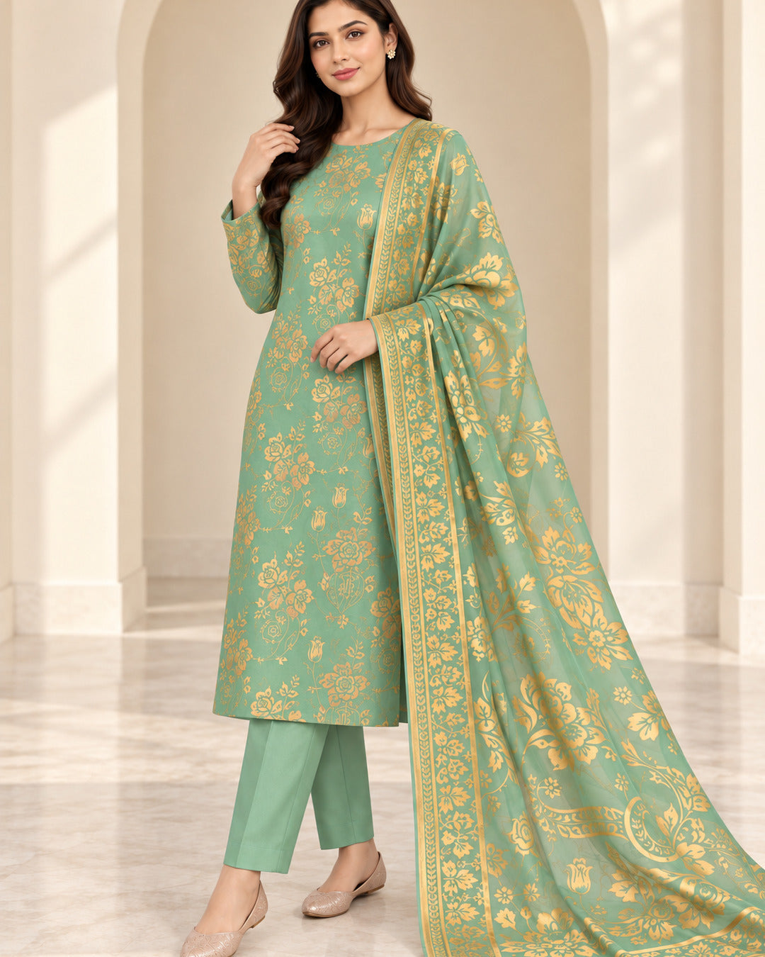 Mint green and gold China Patti silk suit alternate full-length view
