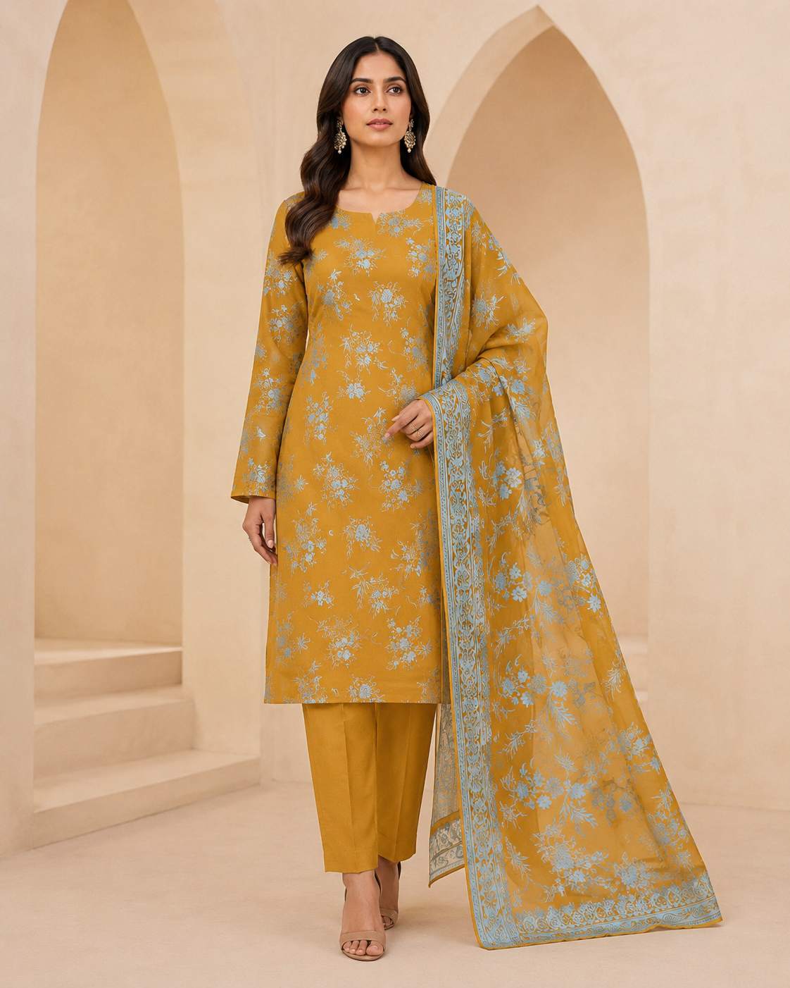Mustard Gold Pure China Pati Silk 3 Piece Unstitched Suit full model