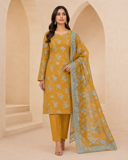 Mustard Gold Pure China Pati Silk 3 Piece Unstitched Suit full model