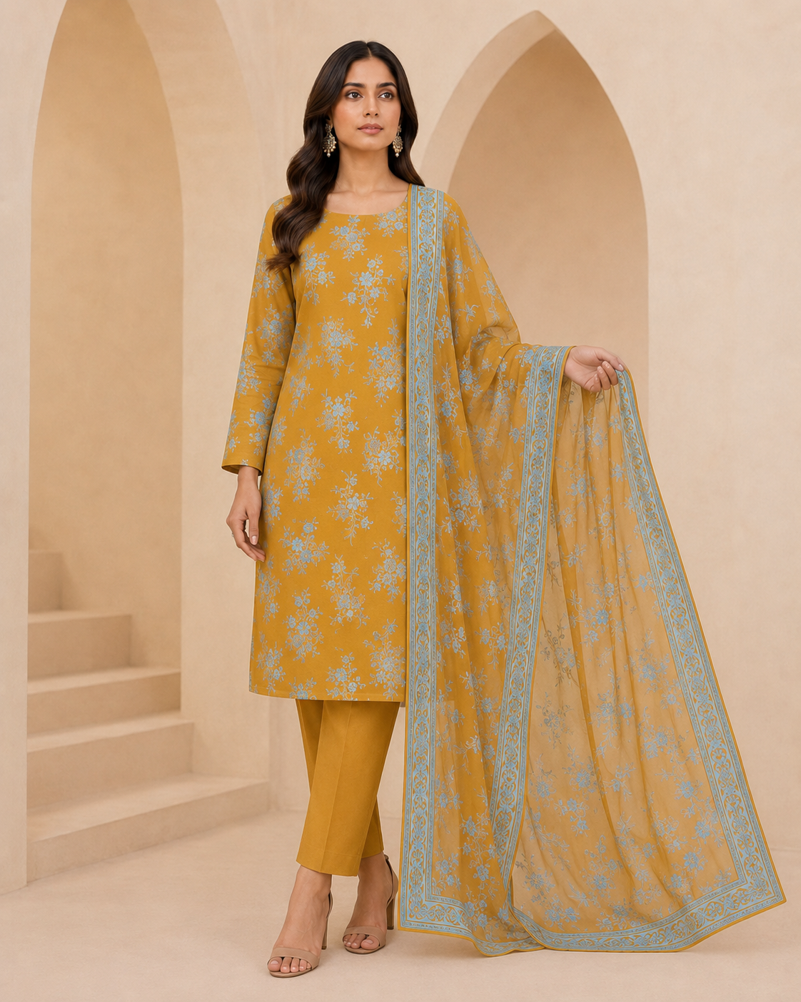 Mustard Gold Pure China Pati Silk suit alternate full model