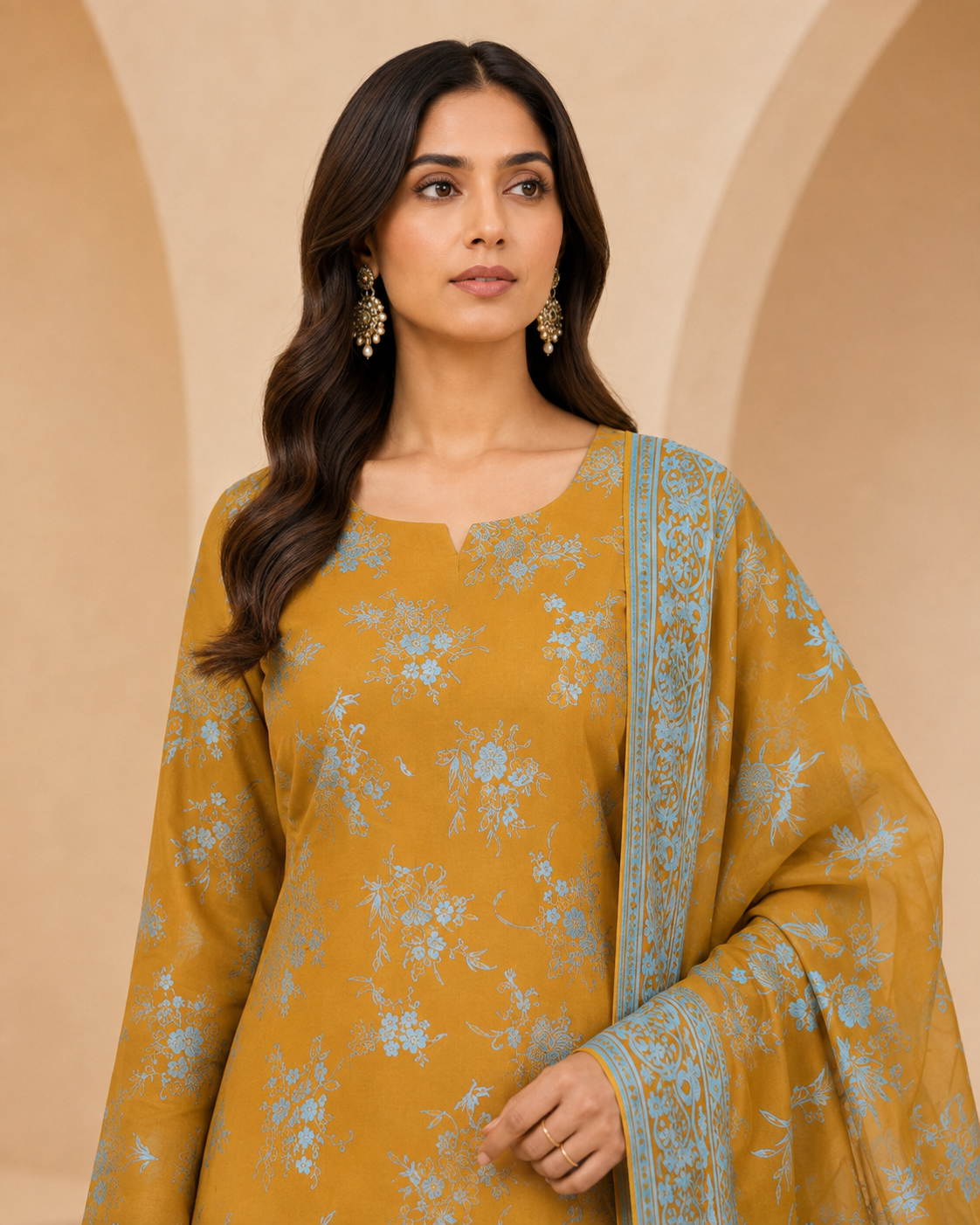 Mustard Gold Pure China Pati Silk suit close-up