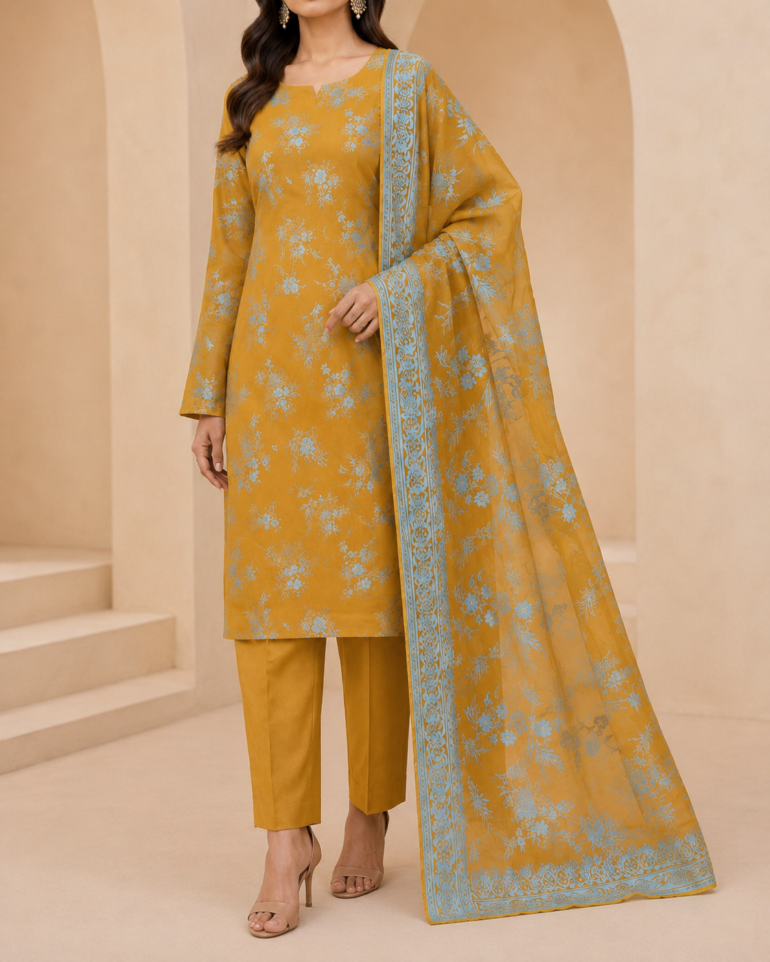 Mustard Gold Pure China Pati Silk suit detail model
