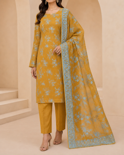 Mustard Gold Pure China Pati Silk suit detail model