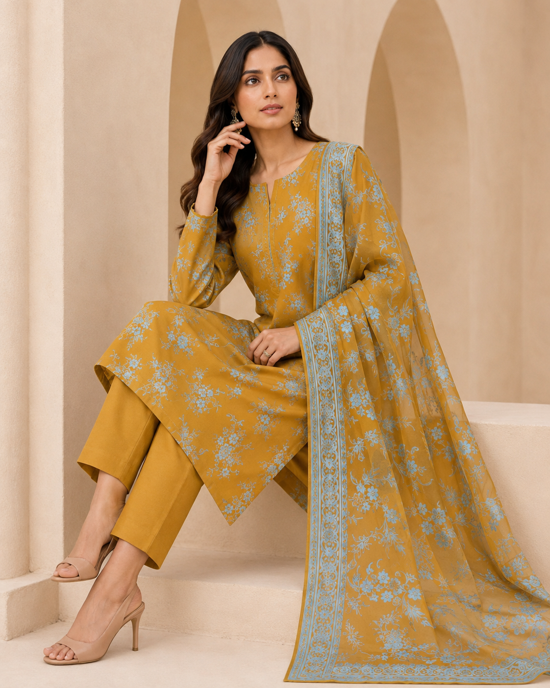 Mustard Gold Pure China Pati Silk suit seated model