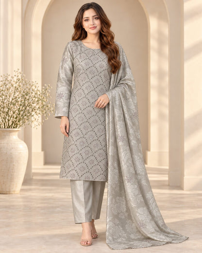 Pearl Grey embroidered Ambose silk suit front hero