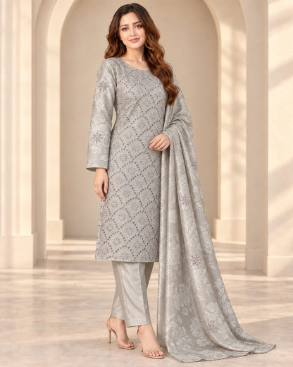 Pearl Grey embroidered Ambose silk suit three-quarter view