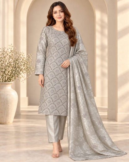 Pearl Grey Ambose silk suit with Silk Barosha dupatta