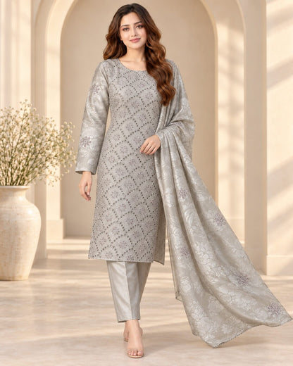Pearl Grey embroidered Ambose silk suit walking view