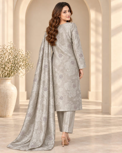 Pearl Grey Ambose silk suit rear three-quarter view