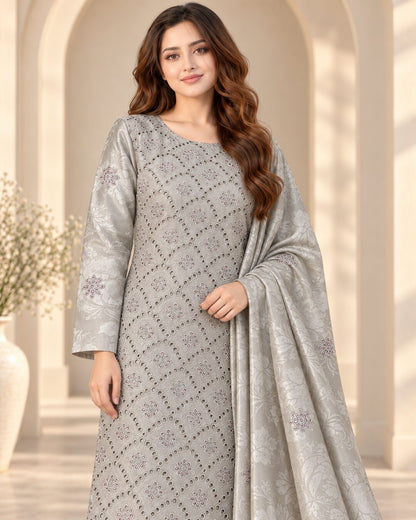 Pearl Grey Ambose silk suit eyelet embroidery detail