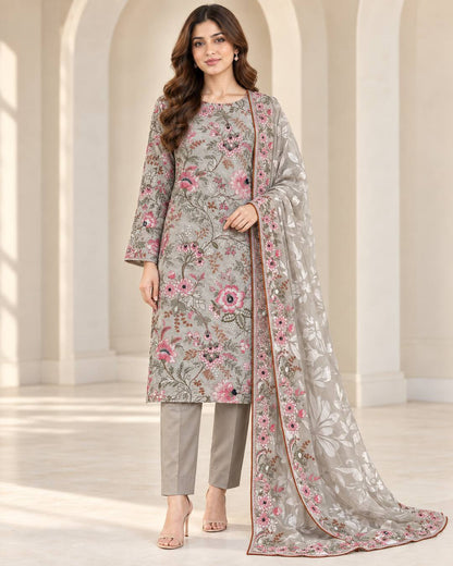 Pearl Grey Embroidered Ambose Silk Suit - front hero