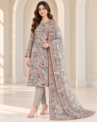 Pearl Grey Embroidered Ambose Silk Suit - three quarter