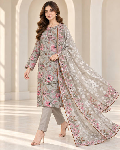 Pearl Grey Embroidered Ambose Silk Suit - walking pose