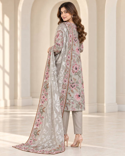 Pearl Grey Embroidered Ambose Silk Suit - rear three quarter