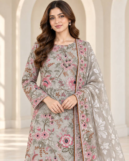 Pearl Grey Embroidered Ambose Silk Suit - embroidery close-up