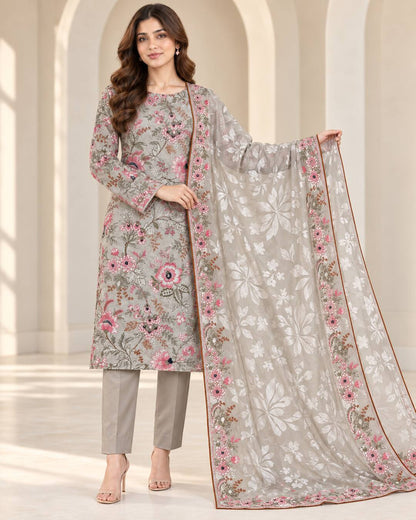 Pearl Grey Embroidered Ambose Silk Suit - Silk Barosha dupatta