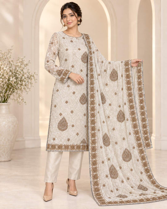 Pearl ivory antique gold embroidered Palachi suit alternate full-length pose